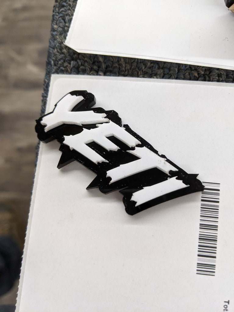 Yeti Car Badge - White On Gloss Black - Lightning Font - Atomic Car Concepts